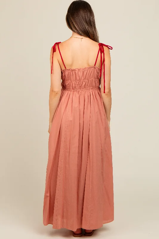 Salmon Contrast Ribbon Trim Maternity Maxi Dress