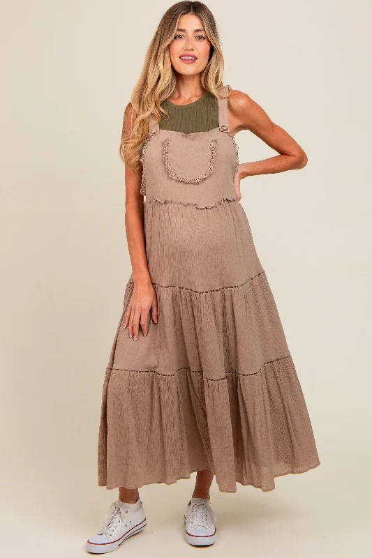 Taupe Front Pocket Tiered Overall Maternity Midi Dress