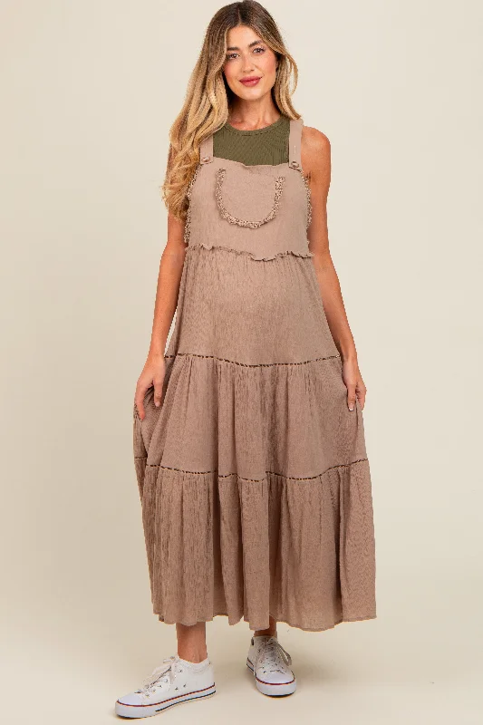 Taupe Front Pocket Tiered Overall Maternity Midi Dress