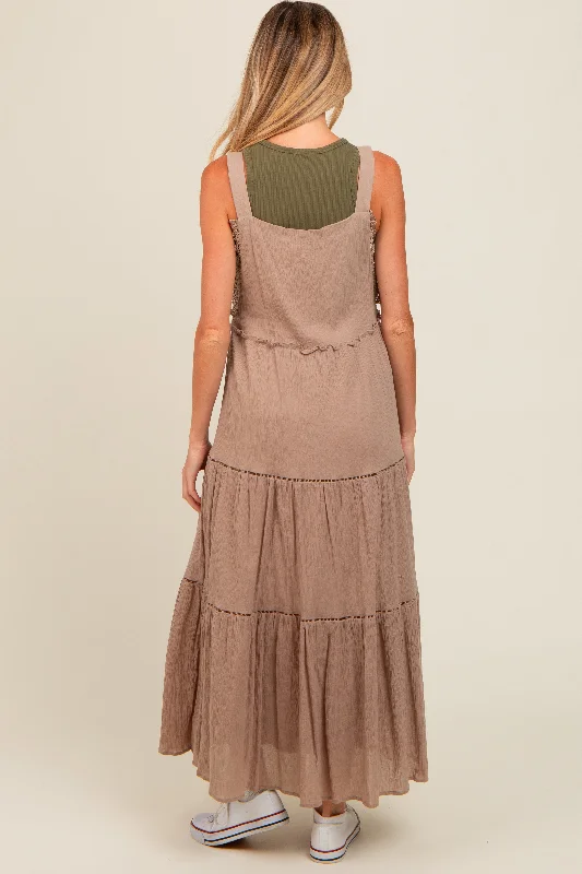 Taupe Front Pocket Tiered Overall Maternity Midi Dress