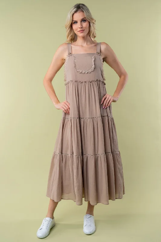 Taupe Front Pocket Tiered Overall Maternity Midi Dress