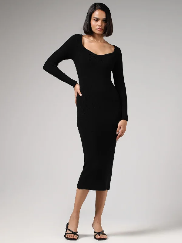 Wardrobe Solid Fitted Black Bodycon Dress