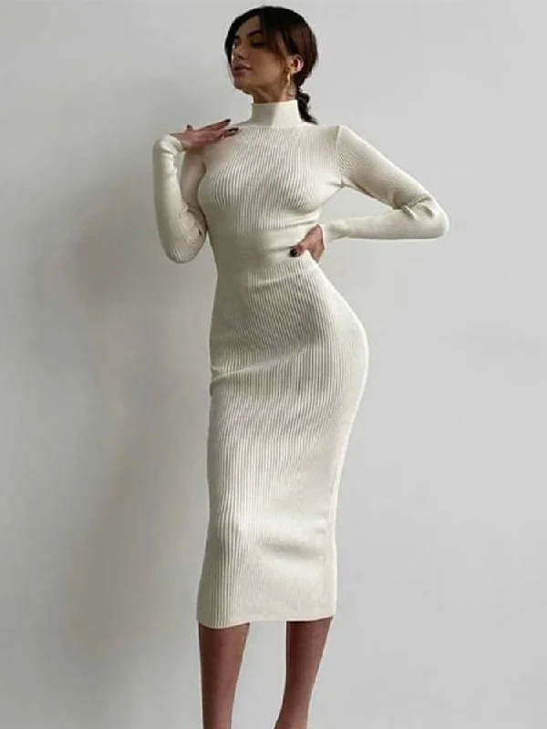 Amy Fashion - Elegant Solid Bodycon Long Sleeve Sweater Dress