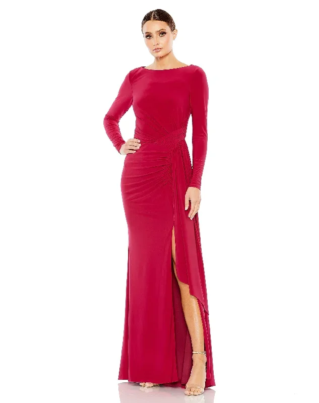 Ruched Long Sleeve Cowl Neck Gown