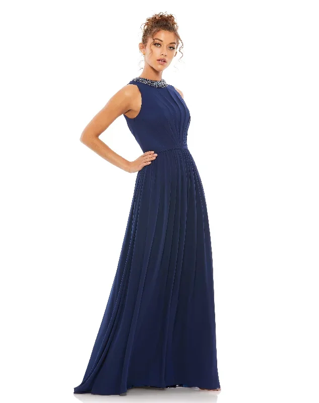 Bejeweled Neckline Pleated Chiffon Gown