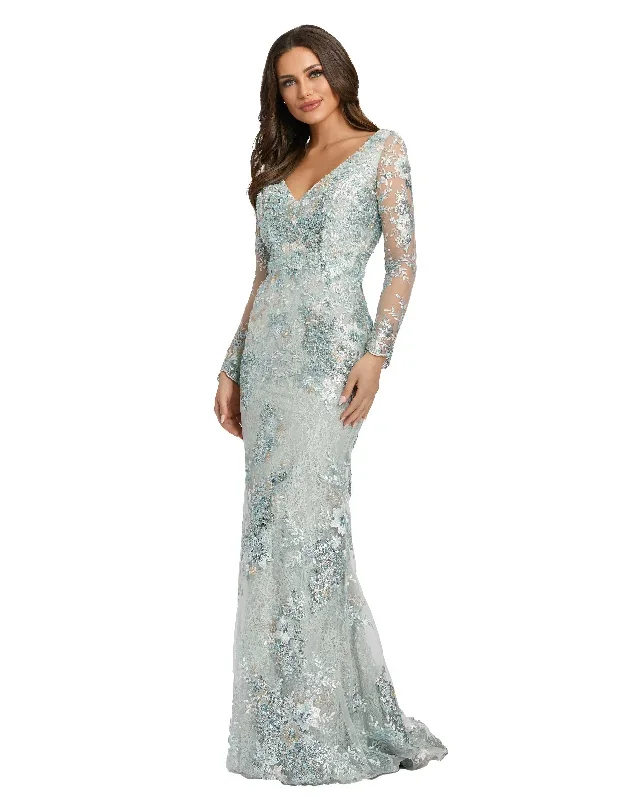 Embellished V Neck Illusion Long Sleeve Gown