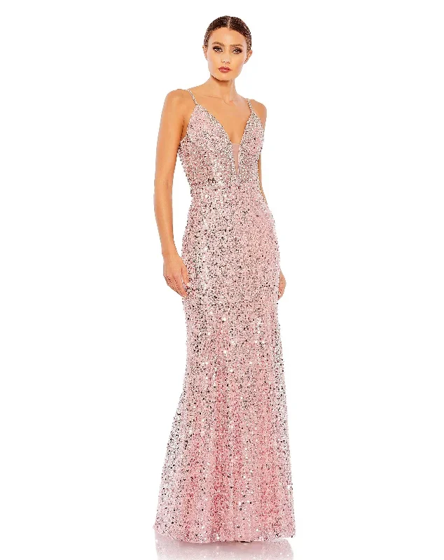 Embellished Plunge Neck Sleeveless Trumpet Gown