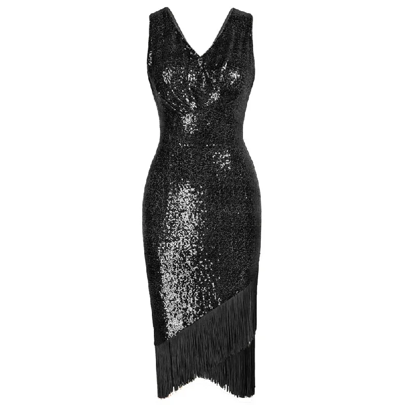 Vintage Sequined Sleeveless V-Neck Tassel Decorated Wrap Hem Party Dress