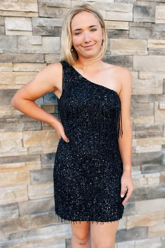 Black Sequin Fringe One-Shoulder Short Homecoming Dress