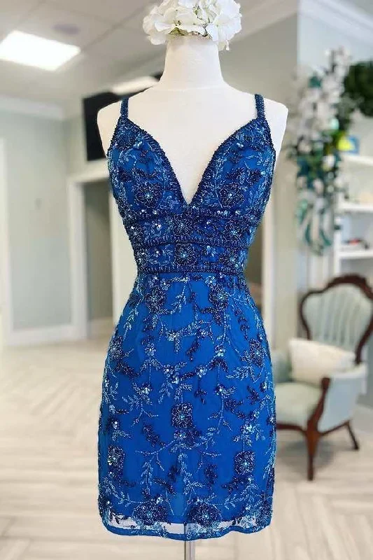 Blue Floral Lace V-Neck Lace-Up Short Homecoming Dress