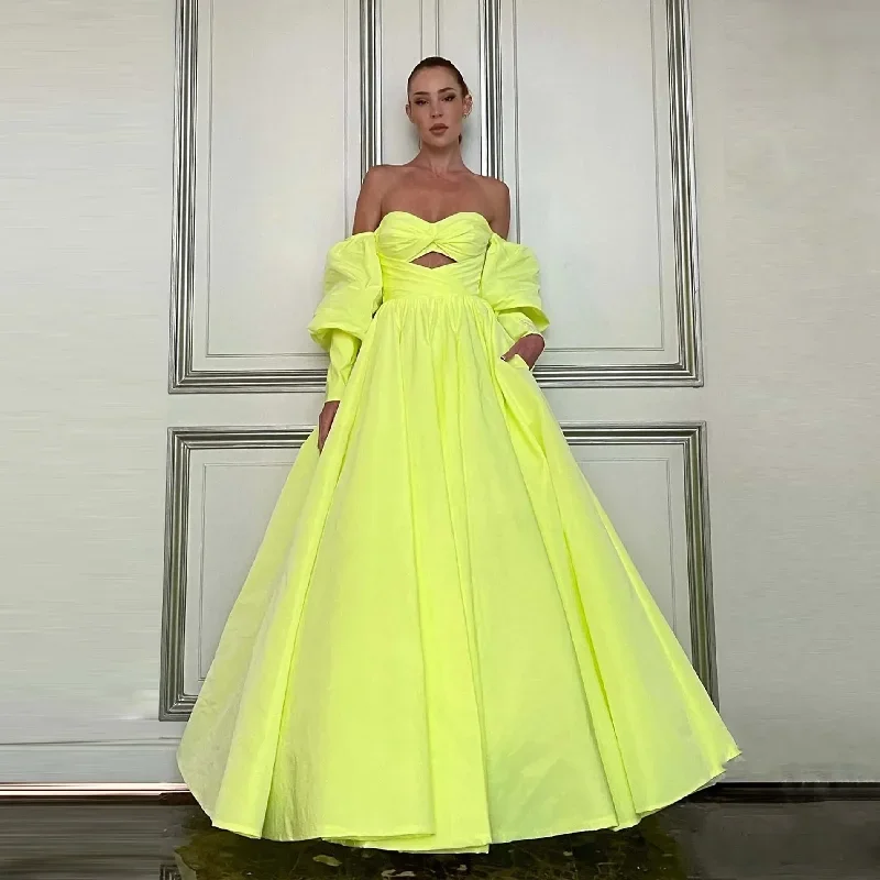 Charming Off the Shoulder Yellow Prom Dresses with Pockets Puffy Sleeves Stretch Back Ball Gown Formal Occasion Dress Party Gown