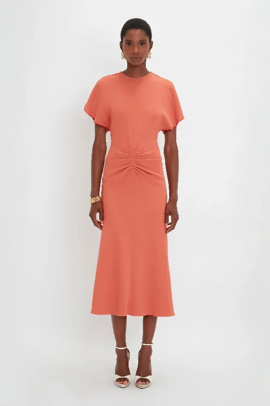 Gathered Waist Midi Dress In Papaya