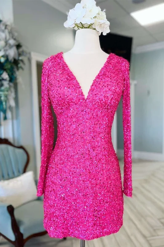 Hot Pink Sequin V-Neck Long Sleeve Short Homecoming Dress