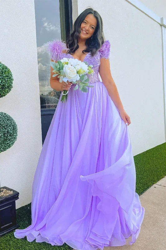 Lavender Plunging Off-the-Shoulder Feathers Appliques Long Prom Dress