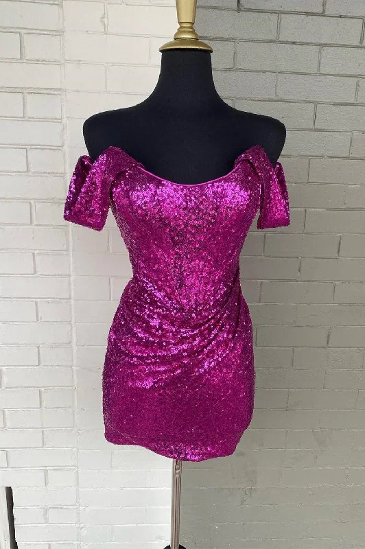 Magenta Sequin Off-the-Shoulder Short Homecoming Dress