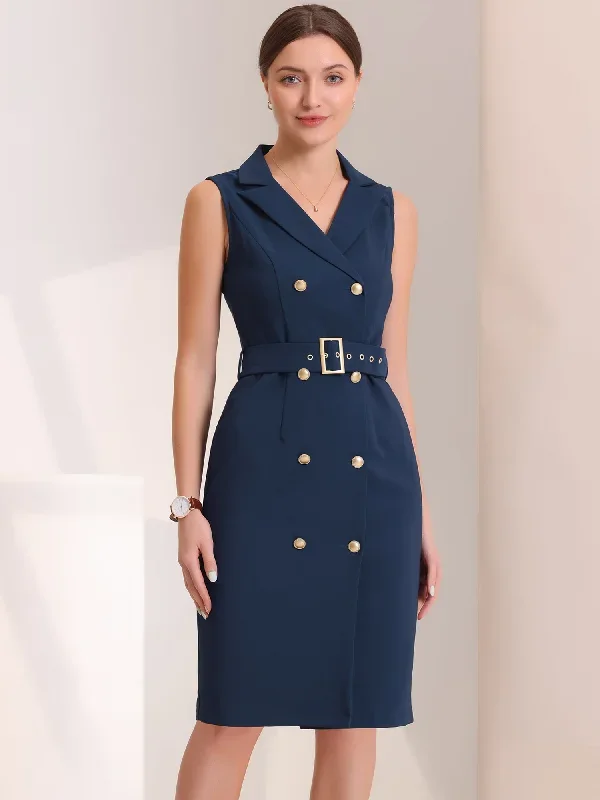 Sleeveless Notched Lapel Double Breasted Belted Office Blazer Dress