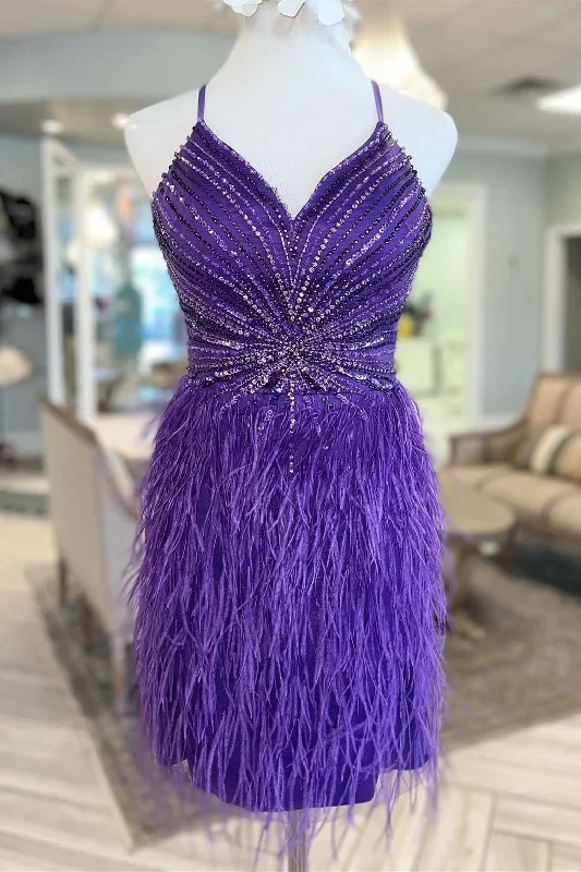 Purple Beaded Feather Lace-Up Back Short Homecoming Dress