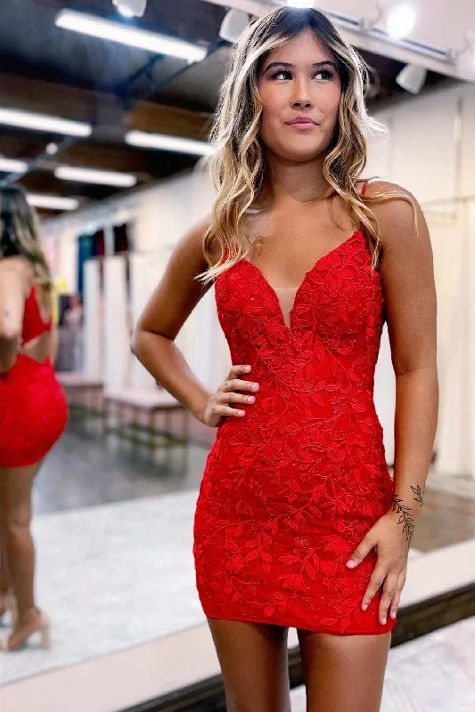 Red Appliques V-Neck Cutout Back Short Homecoming Dress