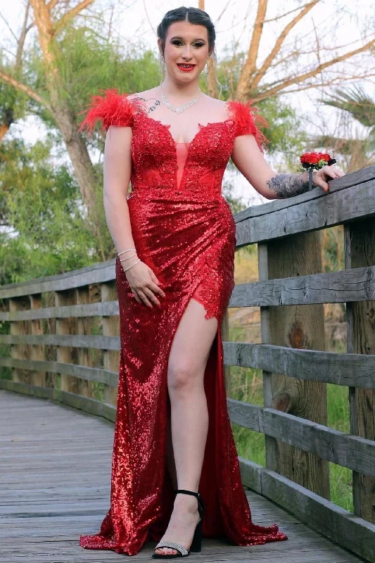 Red Deep Off-the-Shoulder Feathers Sequins Long Prom Dress with Slit