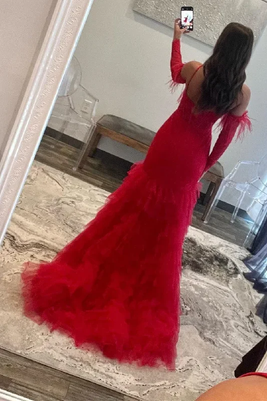 red-lace-one-shoulder-tiered-mermaid-long-prom-dress