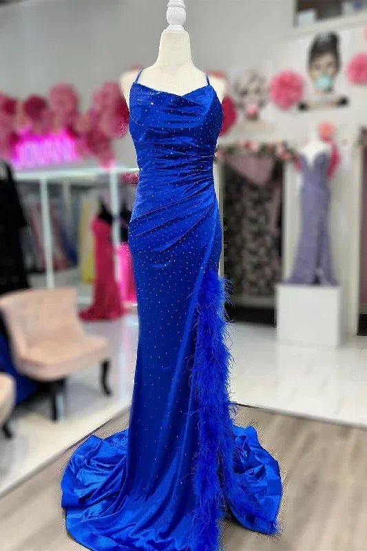 Royal Blue Beaded Lace-Up Back Long Prom Dress with Trim Slit