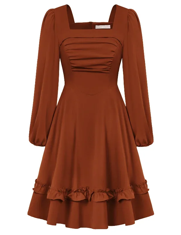 Square Neck Dress Long Sleeve Above Knee A-Line Dress