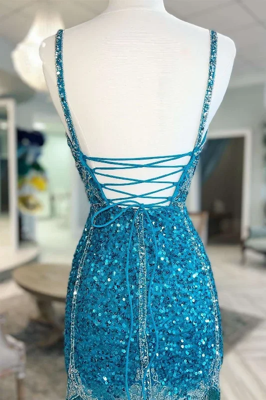 teal-blue-sequin-fringe-v-neck-short-party-dress