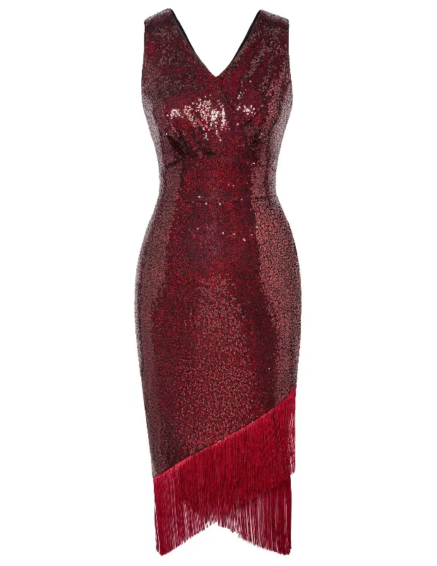 Seckill Offer⌛Sequined Sleeveless V-Neck Tassel Decorated Wrap Hem Party Dress