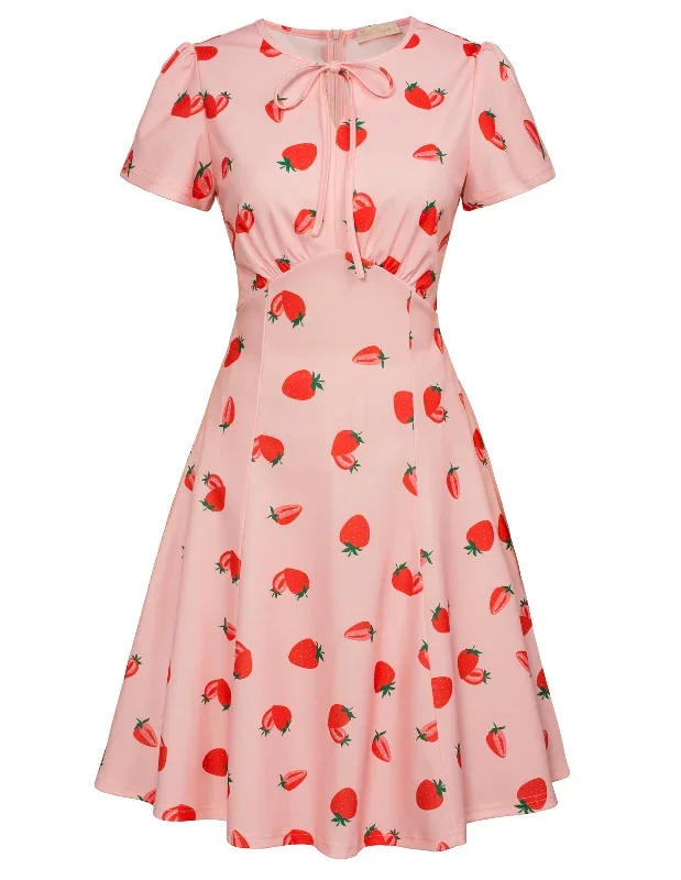 vintage-strawberry-pattern-a-line-swing-dress-keyhole-tie-dress-round-neck-work-dress-tea-dress