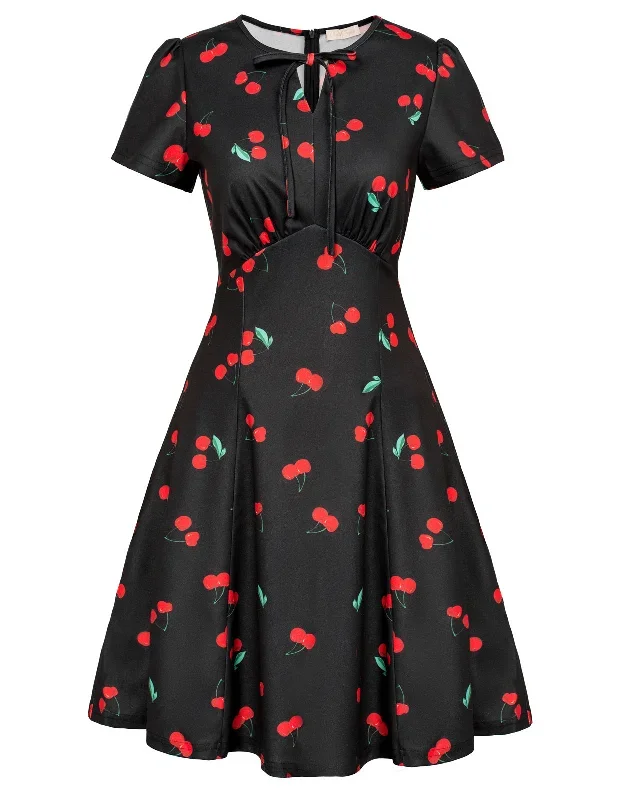 vintage-strawberry-pattern-a-line-swing-dress-keyhole-tie-dress-round-neck-work-dress-tea-dress