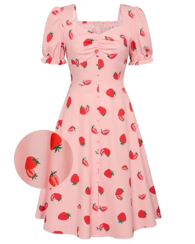 Vintage Strawberry Patterns Front Slit Dress Puffed Short Sleeve Sweetheart Neck Dress