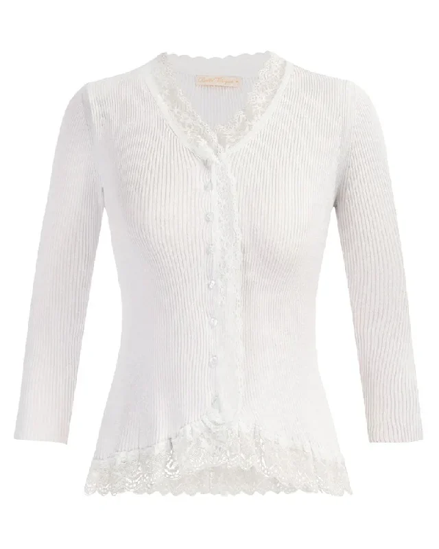 Seckill Offer⌛Lace Patchwork Cardigan Sweater 3/4 Sleeve V-Neck Button-up Knitwear